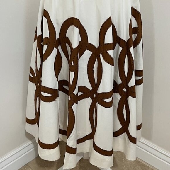 Easton Pearson Full Midi Skirt White & Brown Geometric Cotton - Picture 3 of 12